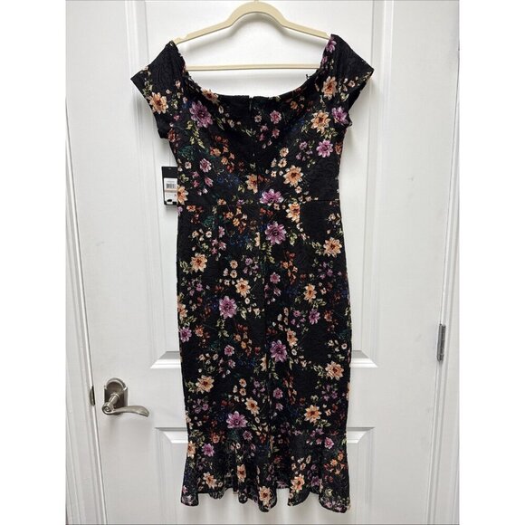 GUESS Womens Size 12 Off-The-Shoulder Lace Midi Cocktail Dress Black Floral New - Picture 6 of 14